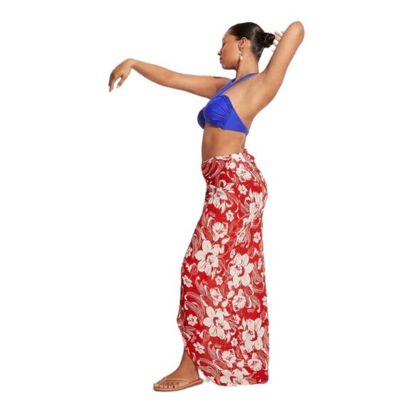 Lulu Linen Flax Camara Tropical Floral Print Maxi Faux Wrap Sarong Sz L NWT - Picture 3 of 15